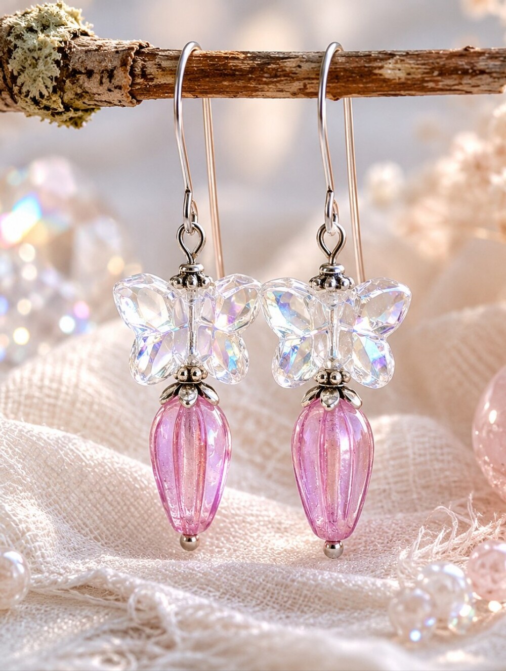 Crystal Butterfly Earrings Pink Czech Glass Romantic Garden Jewelry Hand Crafted